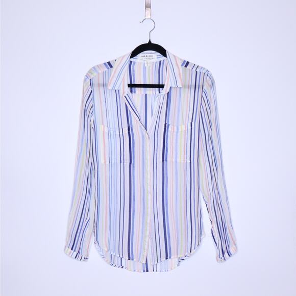 CLOTH & STONE Button Down Stripes Blouse Blue Lightweight Casual Women's M - Picture 1 of 14